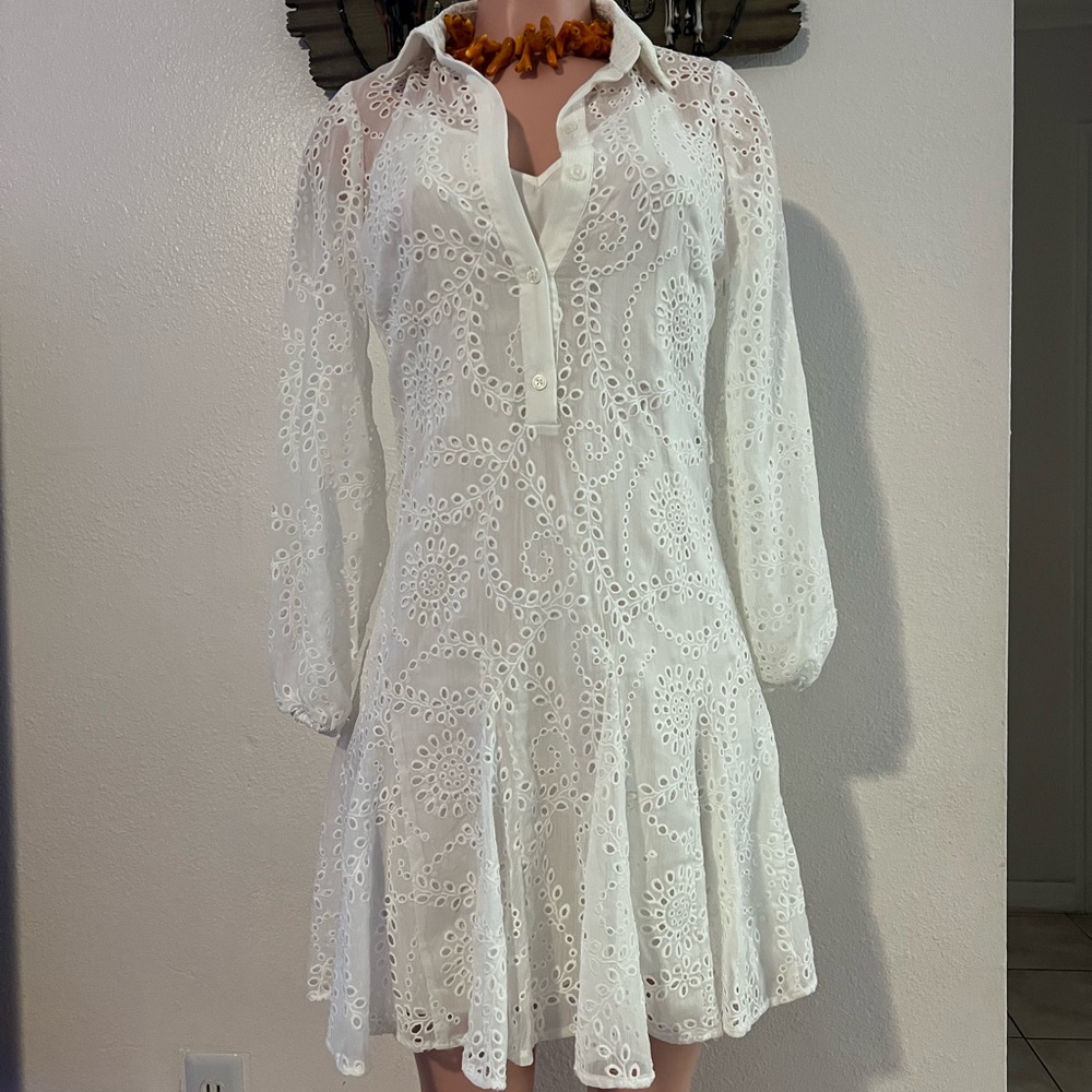 White House Black Market White Eyelet Long-Sleeve Shirt Dress